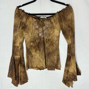 Vintage 90s Y2K Sirens Brown Boho Embroidered Bell Sleeve Going Out Top S
